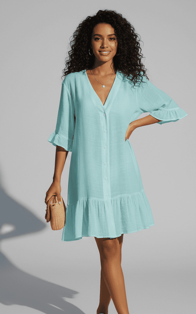 समर बीच इवेंट्स के लिए वाइब्रेंट फ्लोरल प्रिंट फॉक्स रैप वी-नेक मिडी ड्रेस