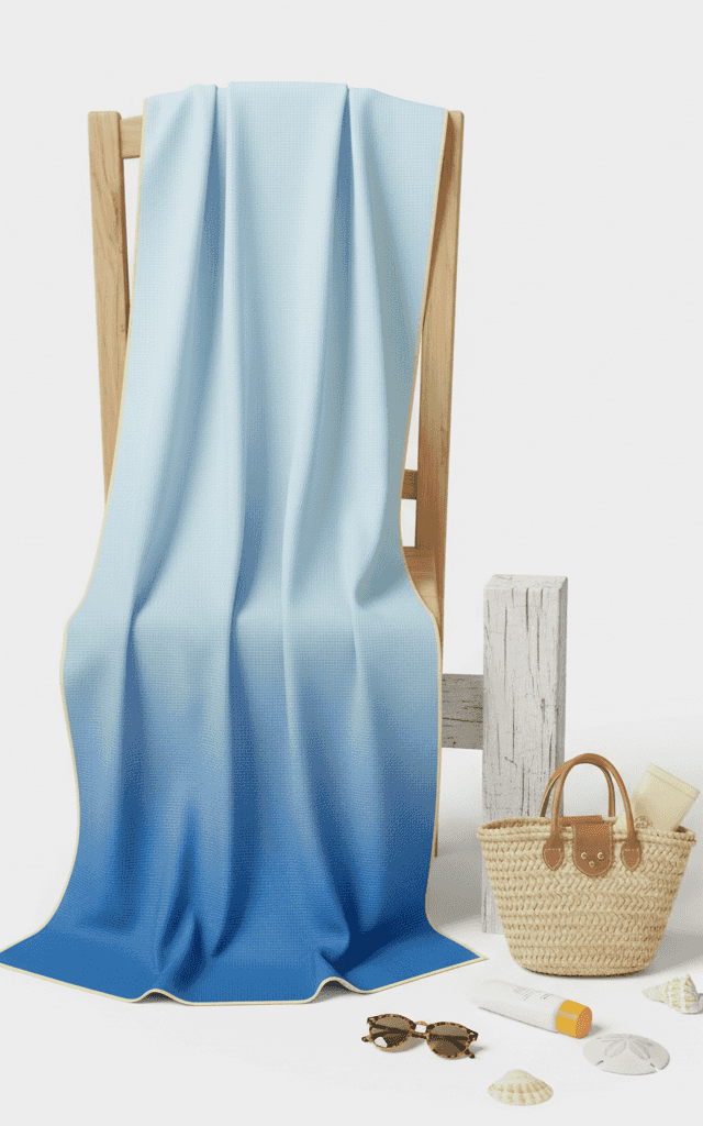 वर्टिकल ग्रेडिएंट फेड इफेक्ट के साथ डीप ब्लू से लाइट ब्लू ओम्ब्रे माइक्रोफाइबर टॉवल