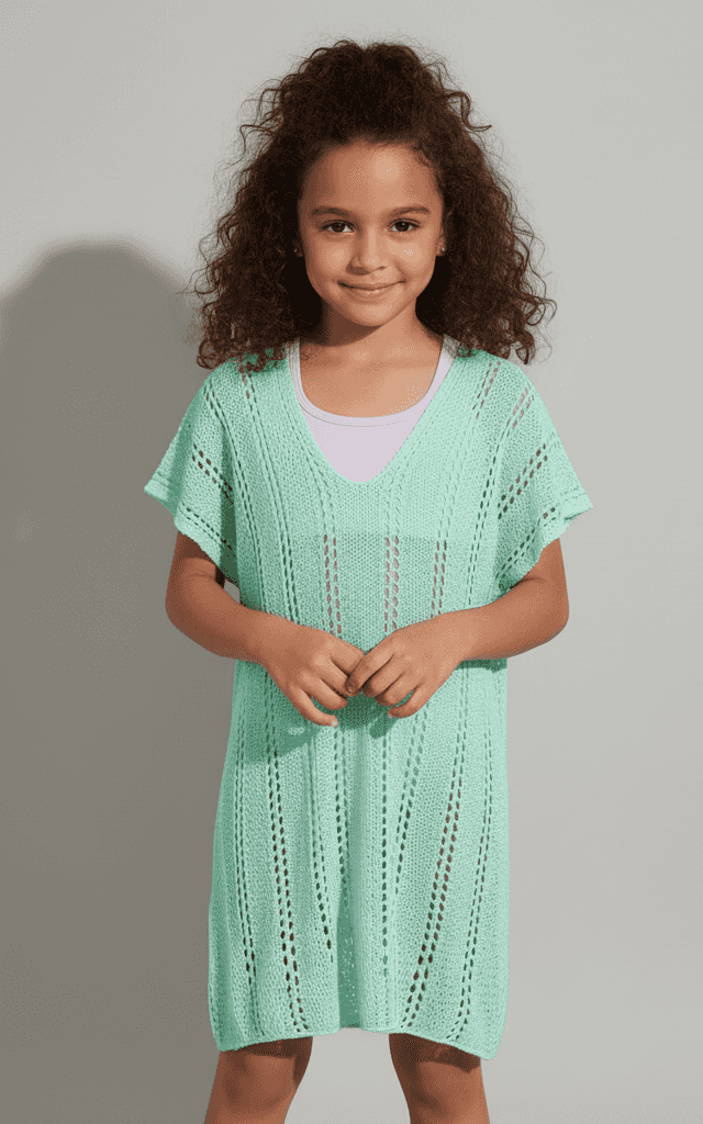 पूल और बीच वियर के लिए रिलैक्स्ड फिट के साथ गर्ल्स मिंट ग्रीन ओपन-निट ट्यूनिक कवर-अप