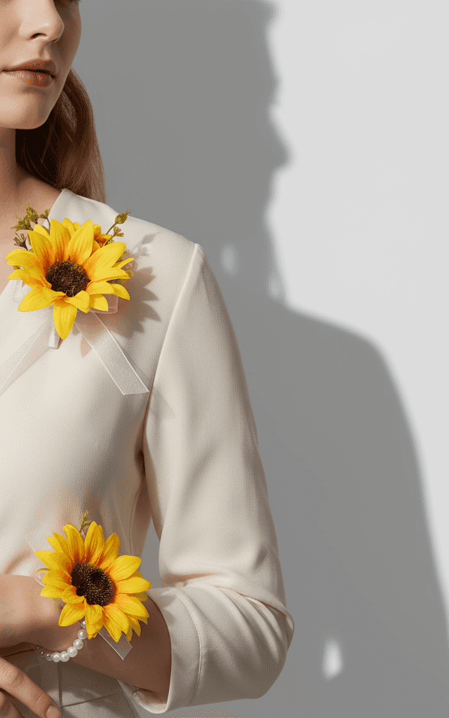 वाइब्रेंट सनफ्लावर कॉर्सेज और बुटोनियर सेट पर्ल ब्रेसलेट और शीयर व्हाइट रिबन के साथ