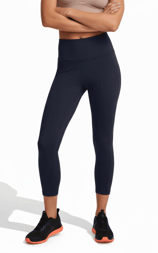 नेवी ब्लू 7/8 लेंथ क्रॉप्ड टाइट्स स्मूद फ्लैटलॉक सीम्स फीचर करते हुए