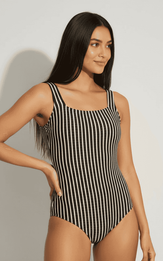 ब्लैक और क्रीम वर्टिकल स्ट्राइप स्क्वेयर नेक मेलॉट थिक स्ट्रैप्स और रेट्रो स्टाइलिंग के साथ