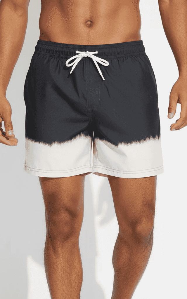 डिप-डाई ओम्ब्रे स्विम शॉर्ट ब्लैक एंड बेज, लाइट बॉटम ग्रेडिएंट के साथ डार्क टॉप, मॉडर्न टाई-डाई स्टाइल