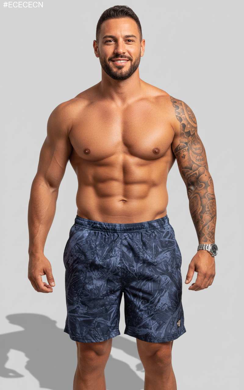 पुरुषों का नेवी शैडो प्रिंट के साथ टैन-थ्रू बोर्ड शॉर्ट्स।